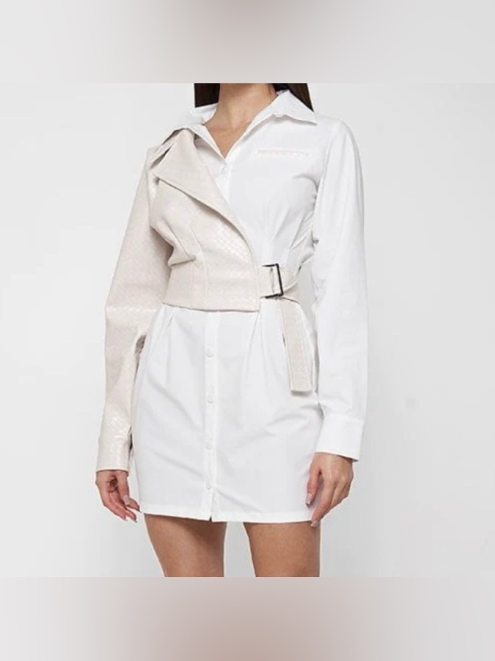 Manière De Voir Half Leather Woven Jacket Shirt Mini Dress size 6 White